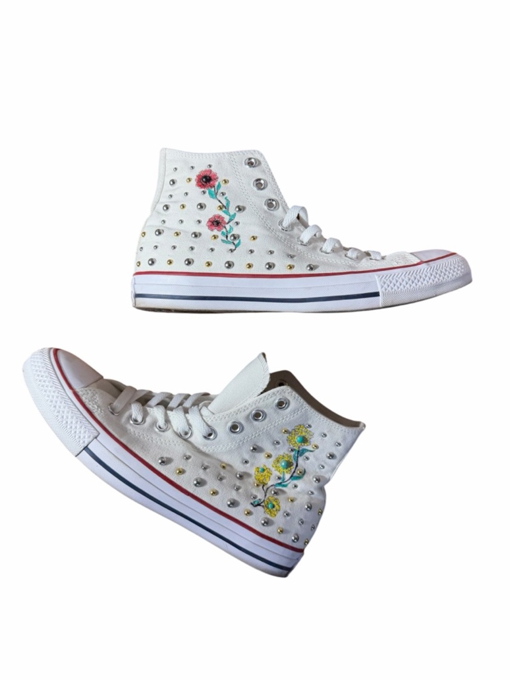 Converse Custom Studded White High Top Sneakers With Floral Detail Women's 9
